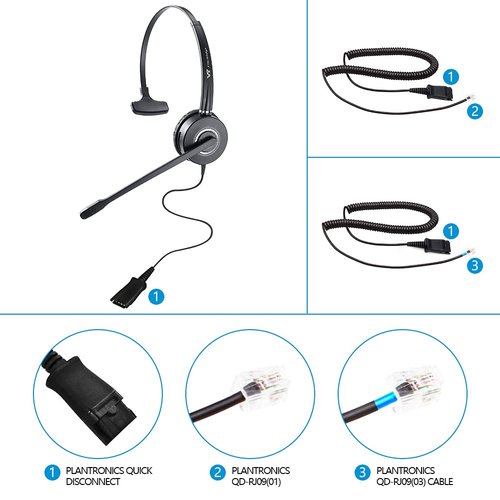 VT Telephone-Headset Microphone Noise-Cancelling Headphone QD - Quick Disconnect Call Center Headset with RJ09 Cables Compatible with Polycom,Yealink,Grandstream,Snom,Fanvil,Mitel Phones (Mono)