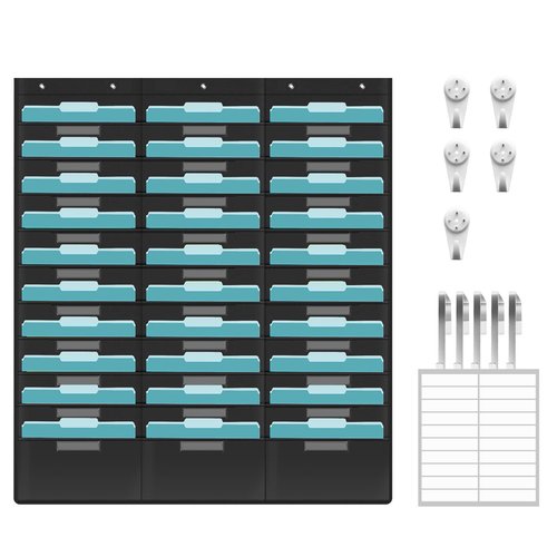 KIKIGOAL 30 Pockets Hanging Wall File Organizer, Heavy Duty Storage Pocket Chart with 30 Name Tag Pockets for File Folder and Paper, Space Saver for Office and Classroom