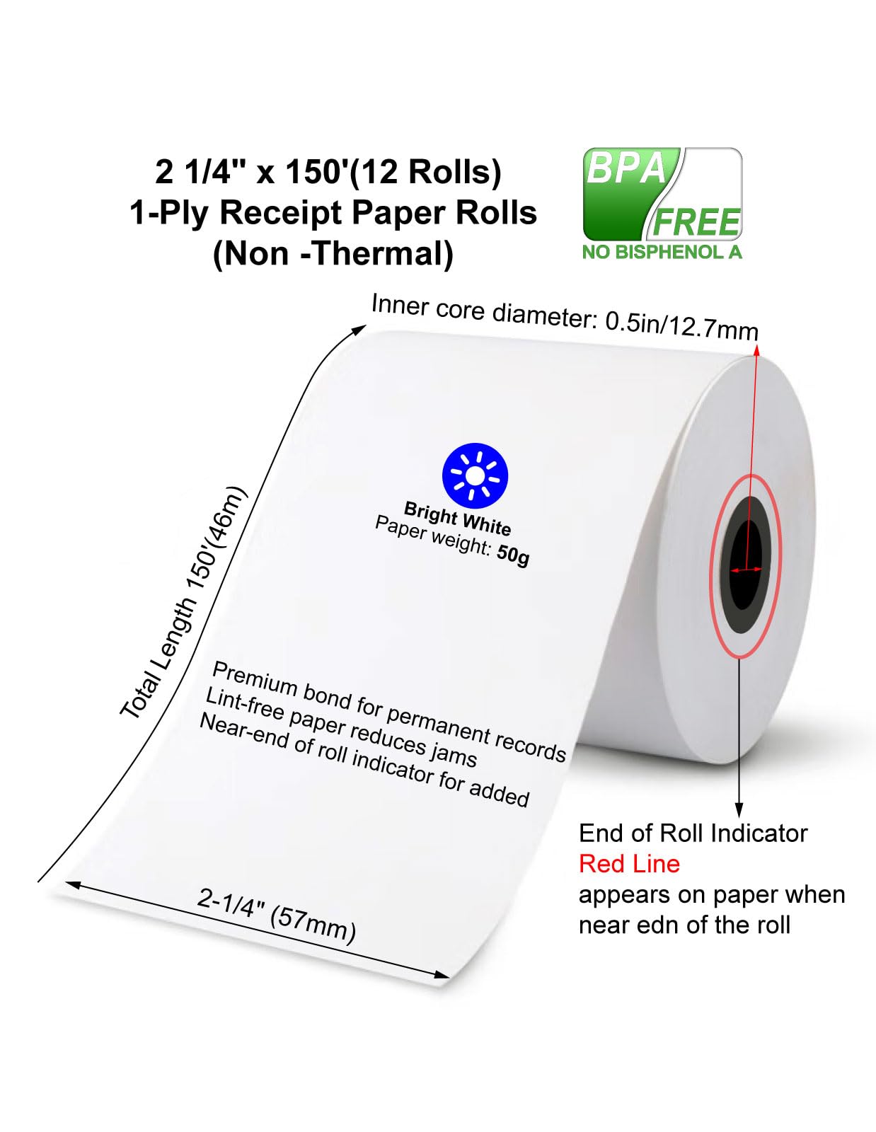 (12 Rolls)2 1/4 in x 150 ft Adding Machine Tape Paper Rolls, for HR-10RC, HR-170RC, HR-200RC, EL-1197PIII, EL-1801V, P23-DHV-3, CP-90A, MP11DX-2, 1280-2,3000Labels Direct