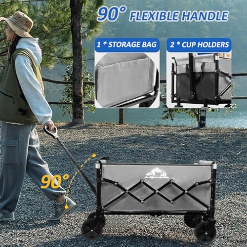 Collapsible Wagon Folding Utility Cart, Beach Wagon 352LBS Heavy-Duty with Adjustable Handles, 5" Quiet Swivel Wheels, Lightweight (11lbs) for Groceries, Camping, Moving, Gray