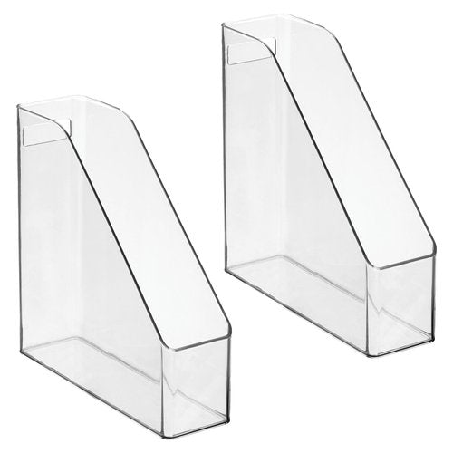 mDesign Plastic Slim Vertical File Folder Storage Organizer Bin with Handle - Hold Notebooks, Binders, Envelopes, Magazines for Home Office, Work Desktops, Ligne Collection, 2 Pack, Clear