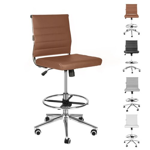 LUCKWIND Drafting Chair Tall Office Chair Ribbed - Mid-Back PU Leather Standing Desk Stool with Adjustable Foot Ring Wide Seat Tilt-Tension Rocker Lumbar Support Swivel Rolling 400lbs, Brown