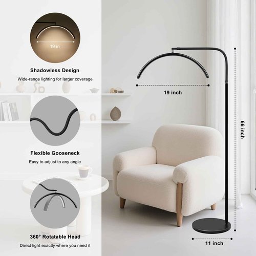 ZEKAHOV Half Moon LED Floor Lamp - Professional Shadow-Free, Dimmable Light | for Lash Techs, Estheticians & Tattoo Artists | Eyelash Extensions, Nail Art, Home & Office (Matte Black)