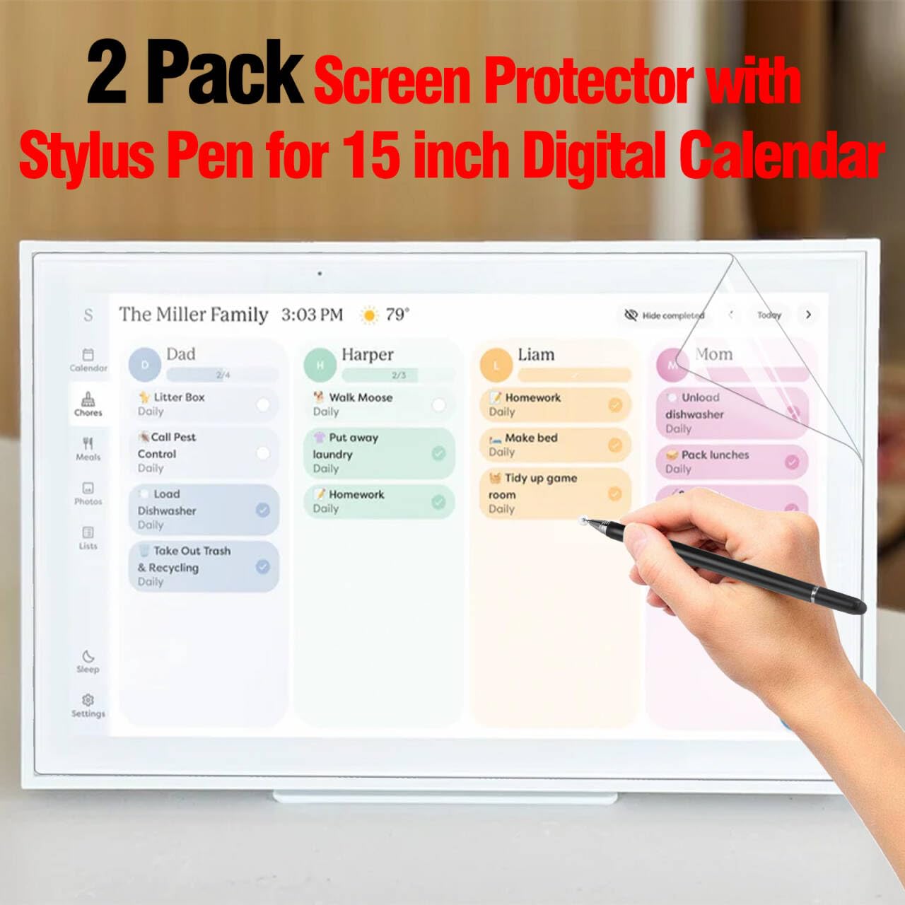Screen Protector & Stylus Pen Compatible With 15 inch Digital Calendar, Must Have Accessory Kit for Electronic Calendar 15 inch, 2 Pack Screen Protector & 3-in-1 Stylus Pen for Digital Calendar