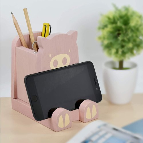 Wood Multipurpose Eyeglass Phone Pen & Pig Pencil Holder Stand Stationery Desk Box Organizer Accessories Decor, Home Office Desktop Decoration Birthday Graduation Gifts “Dream Big Aim High” (Piggy)