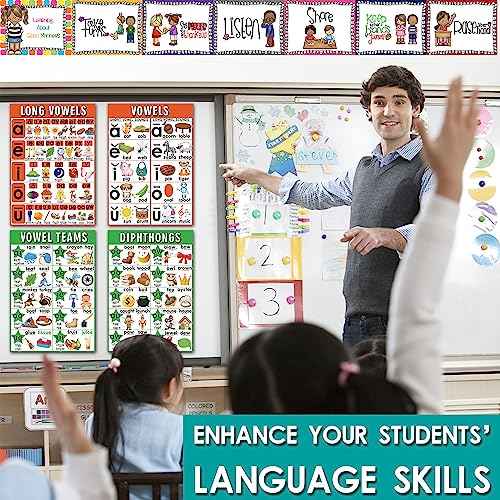 16 English Phonics Posters Language Arts Charts for Kids Toddler Learning Vowels Posters, Phonics Poster for Classroom, Digraphs and Blends Poster, Sound Wall Phonics Chart, Boho Classroom