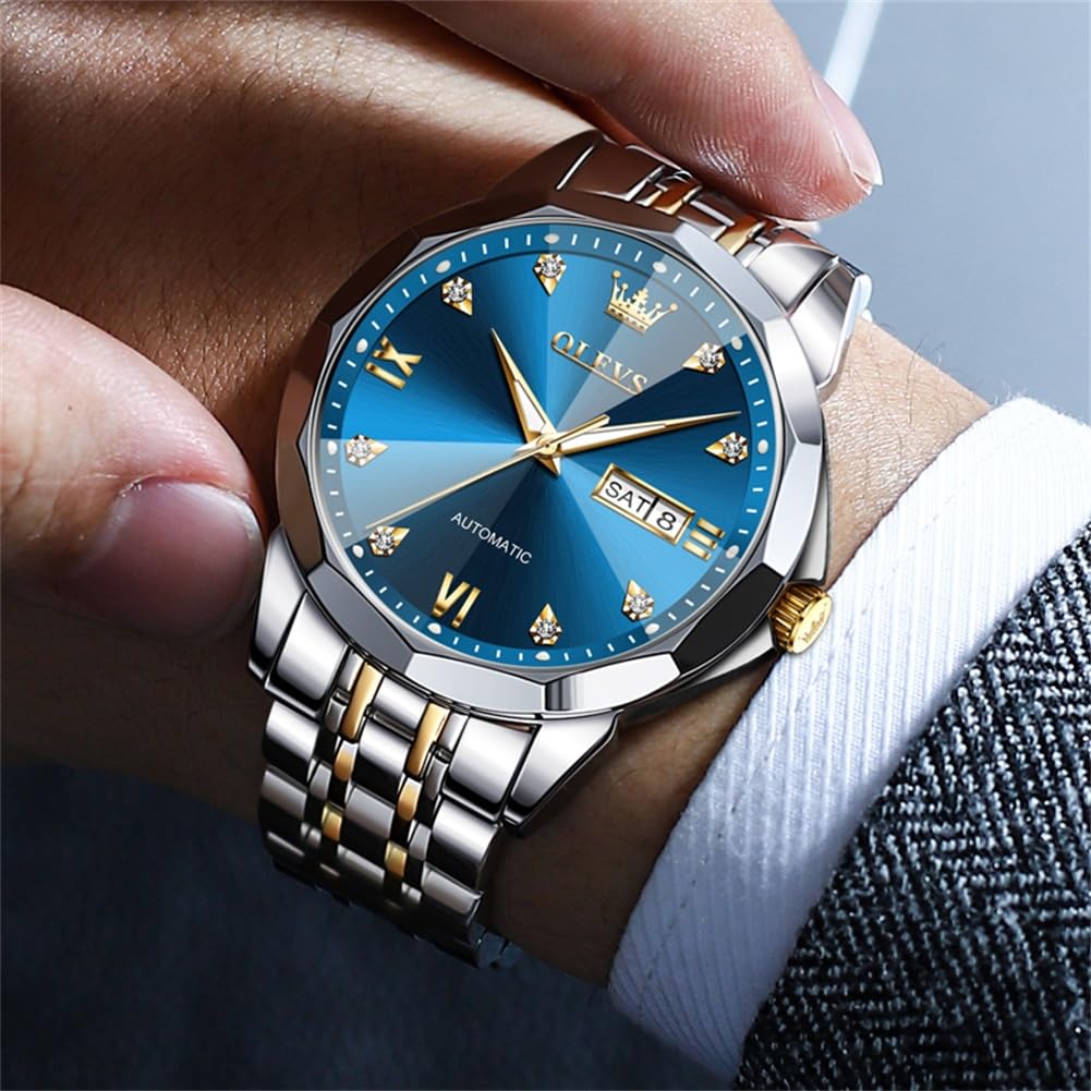 OLEVS Watch for Men Automatic Classic Mechanical Watch Diamond Mirror Stainless Steel Dress Casual Waterproof Day/Date Calendar Blue