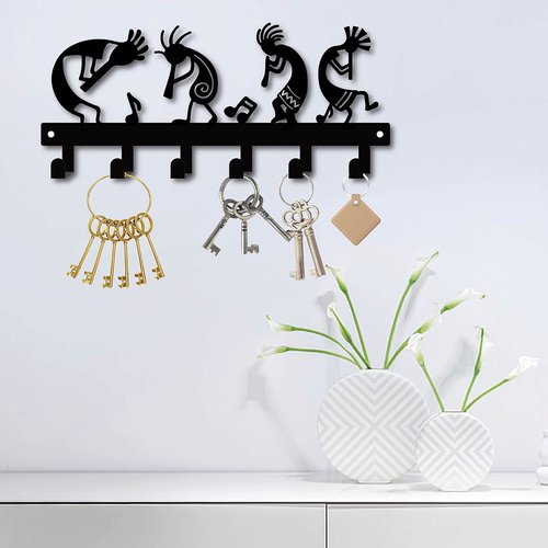 CREATCABIN Metal Key Holder Kokopelli Flute Music Black Wall Mounted Organizer Iron Rack Hanger Decorative 6 Hooks for Entryway Front Door Kitchen Garage Yoga Office,with Screws and Anchors 10.6inch
