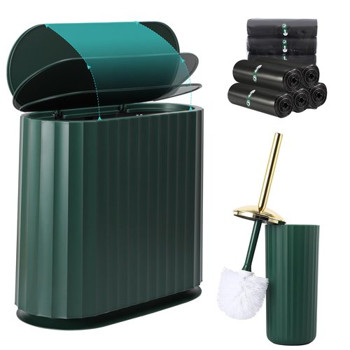 XLHOMO Small Bathroom Trash Can with Press Type Lid, Toilet Brush and Holder Set,Slim Dark Green Bathroom Garbage Can, Slim Narrow Trash Bin 2.6 Gallon Garbage Bin, 75Counts Trash Bags