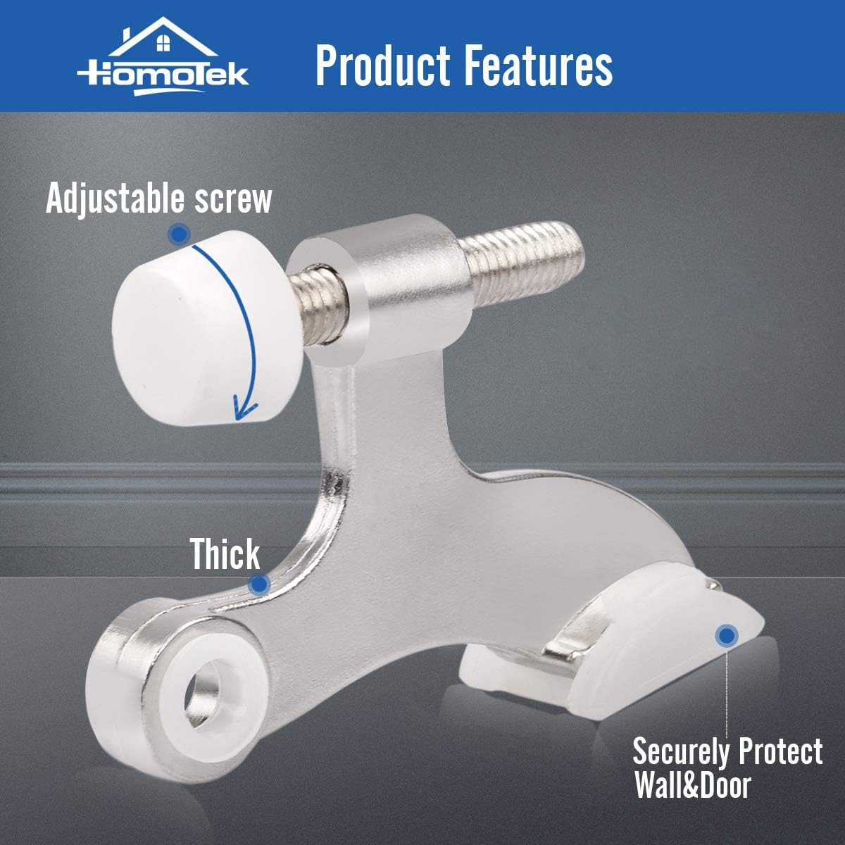 HOMOTEK 3 Pack Hinge Pin Satin Nickel Door Stopper,Adjustable Deluxe Heavy Duty Door Stopper 2-1/2"x1-3/4,with White Rubber Bumper Tips