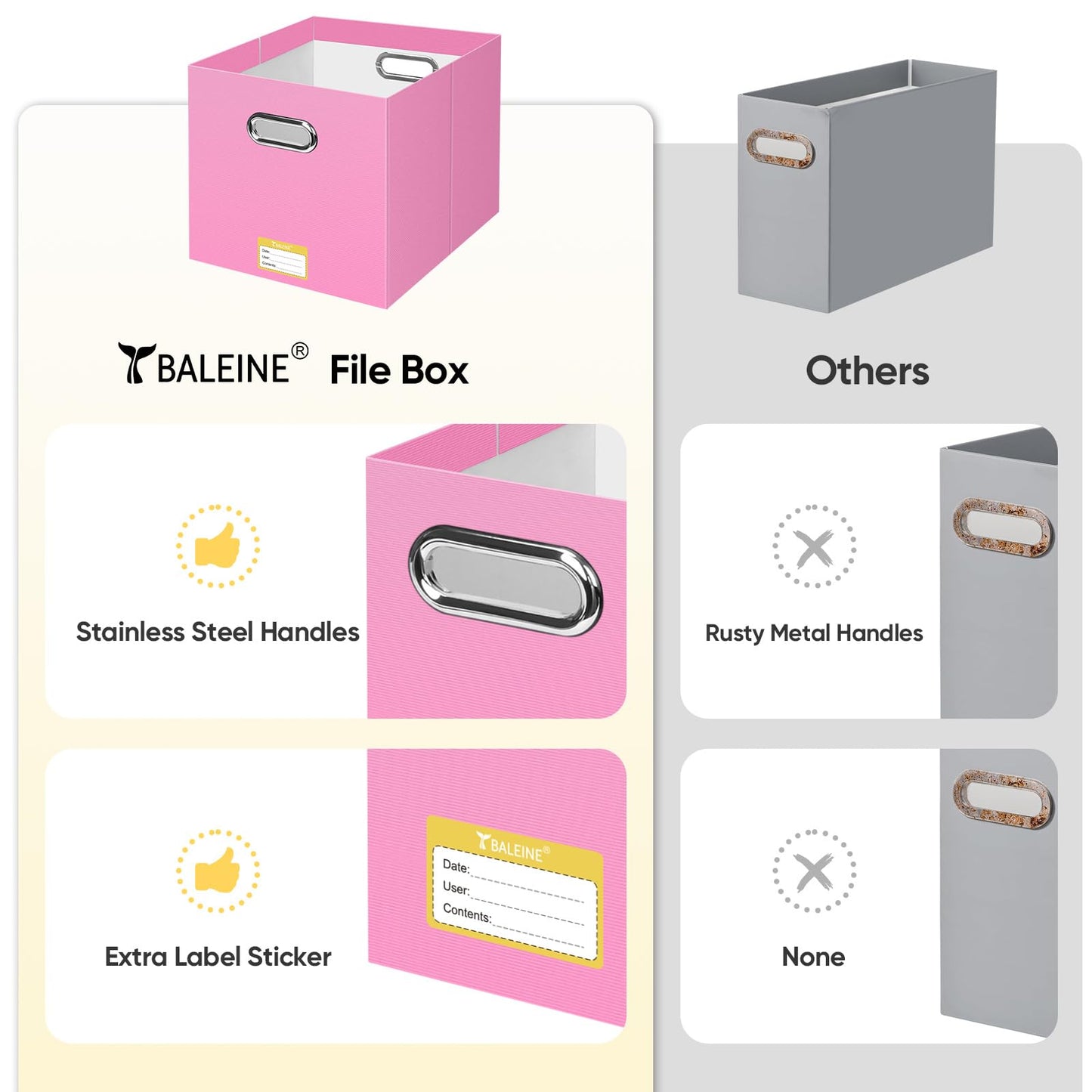 BALEINE File Organizer Box, Cardboard File Folder Organizer with Handle for Letter Size, Portable Collapsible Hanging Filing Box for Home Office Document Storage (4 Pack, Large Pink)