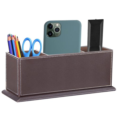 PUSU Desk Pencil Holder, PU Leather Pen Holder for Desk, Executive Desk Organizers and Accessories, Multifunctional Desk Organizer with 4 Compartments Storage Business Card/Pen/Pencil/Phone/Stationery