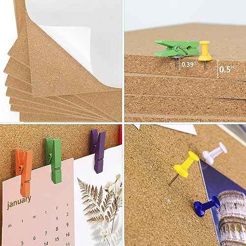 AKTOP Cork Board Bulletin Board 12x12, 1/2" Thick Cork Board Tiles 9 Pack, Small Square Pin Board for Wall, Self Adhesive Corkboards with 120 Push Pin Wood Clips for School, Home & Office