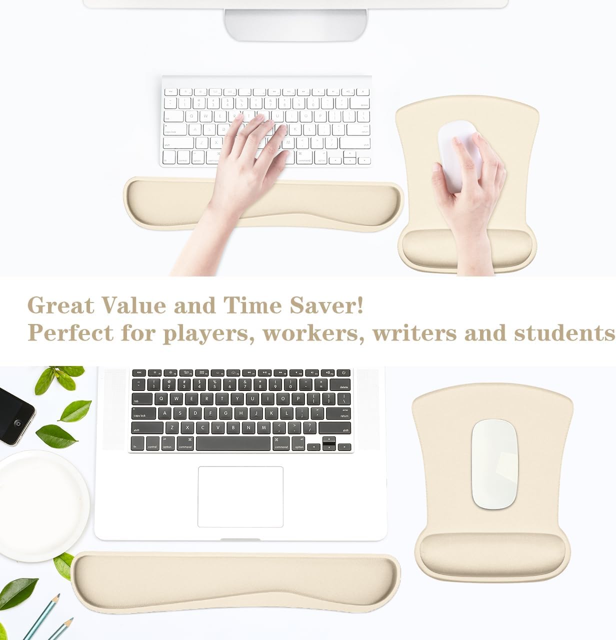 Skiennix Ergonomic Wrist Rest Set - Comfortable Memory Foam Keyboard Pad & Soft Gel Mouse Pad | Pain Relief for Gaming & Office, Apricot