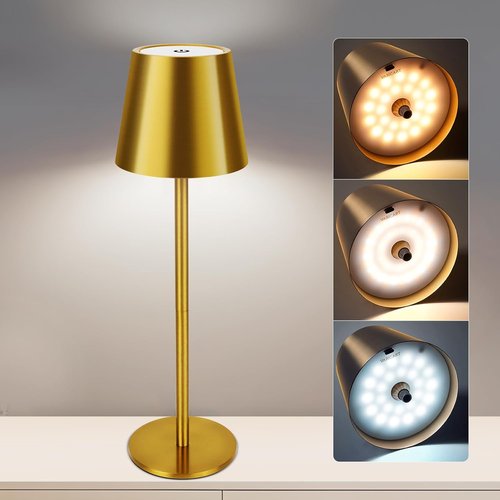 Gold Cordless Table Lamp - Adjustable Height 8-20 Inches | 5000mAh Rechargeable LED, 3 Color Dimmable