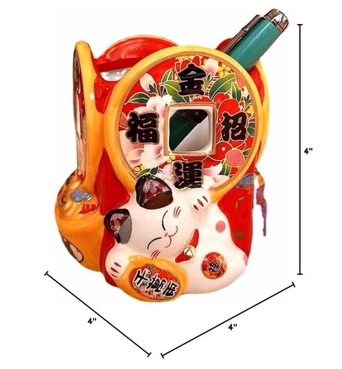 EatingBiting 4.1" Ceramic Pencil Holder for Organizer Cooking Utensil Holder Cactus Pot Fortune Japanese Lucky Beckoning Cats coin treasure Maneki Neko Flower Pot Vase Pen Holder