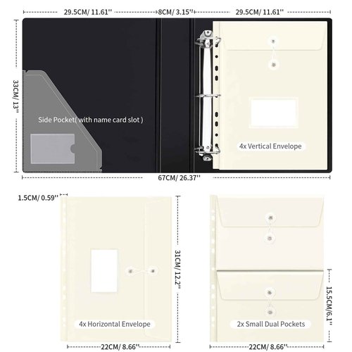 Uquelic Large Folio Document Organizer, Important Document Organizer with 8 Expandable A4 Size & 4 A5 Size Plastic Document Envelopes for Important Paper Files,Photos, Letters, Labels Included (Black)