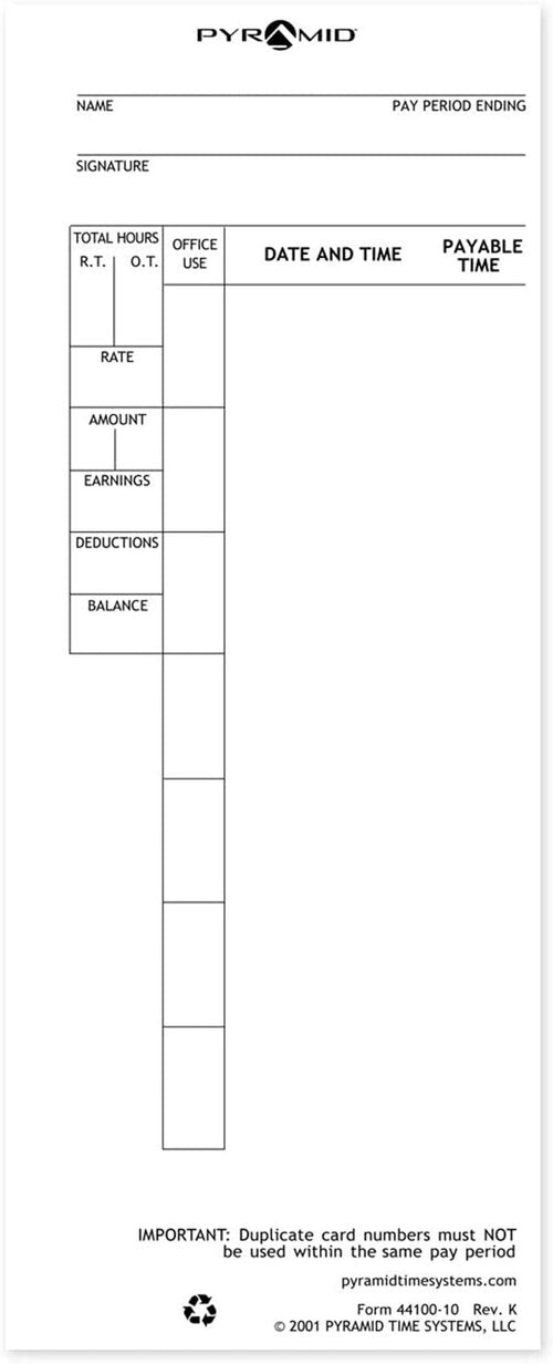 Pyramid Time System - Authentic Time Cards [44100-10PK3] for Pyramid 4000, 4000ProK, 4000HD, 5000 & 5000HD Series, Time Sheets for Auto Totaling Time Clocks (3.5 x 9 in) - 300 Time Cards - White