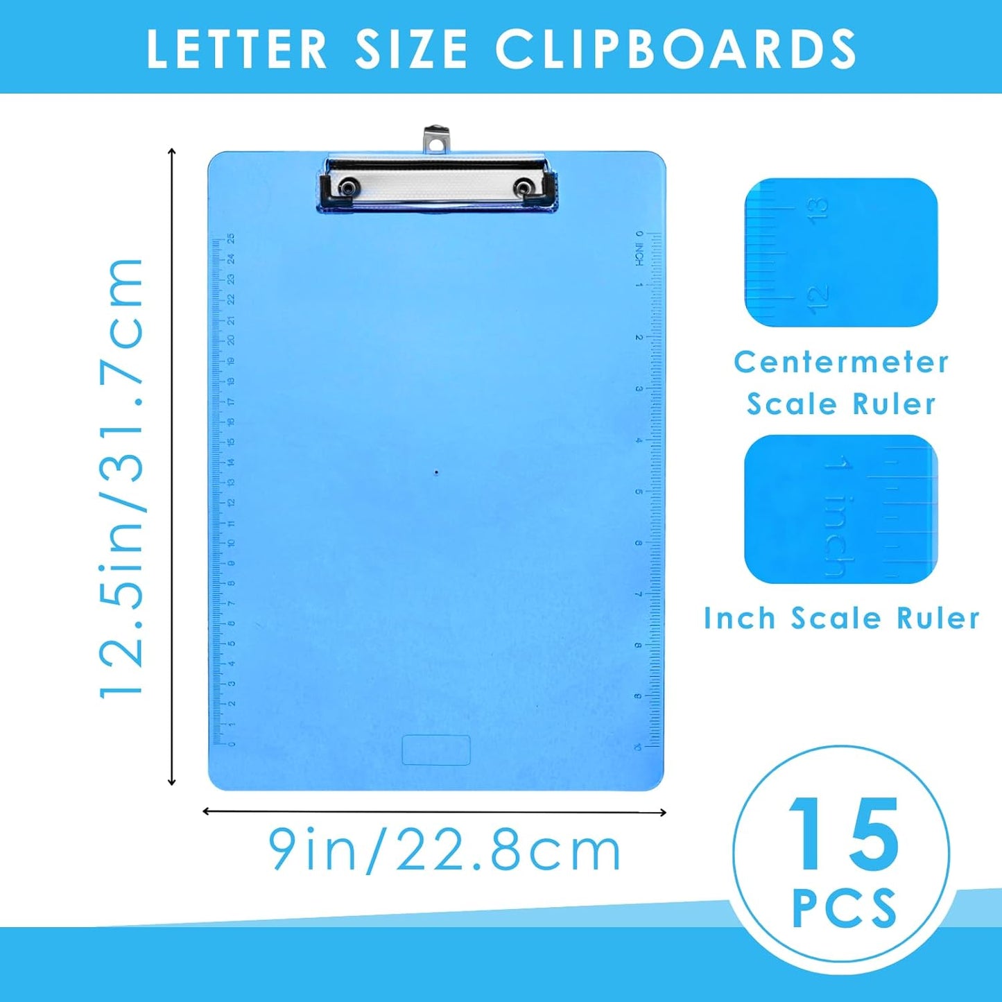 YOUEON 15-Pack Plastic Clipboards - Standard 9" x 12.5" Size with Low Profile Metal Clip & Hanging Loop | Multi-Color Transparent for Office & School