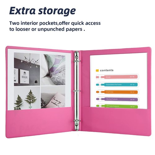 3 Ring Binders,1” Round Ring, Holds 8.5 * 11inch Papers, with 2 Pockets,6 Colors Binder Assorted Pack