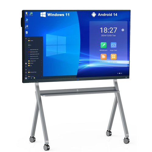 LINGHUFOX 75'' Interactive Whiteboard, 4K Touchscreen Smart Whiteboard with Built-in Dual System Windows 16+256G and Android 14, Smart Board for Classroom and Business(Board+Wall Mount+Movable Stand)