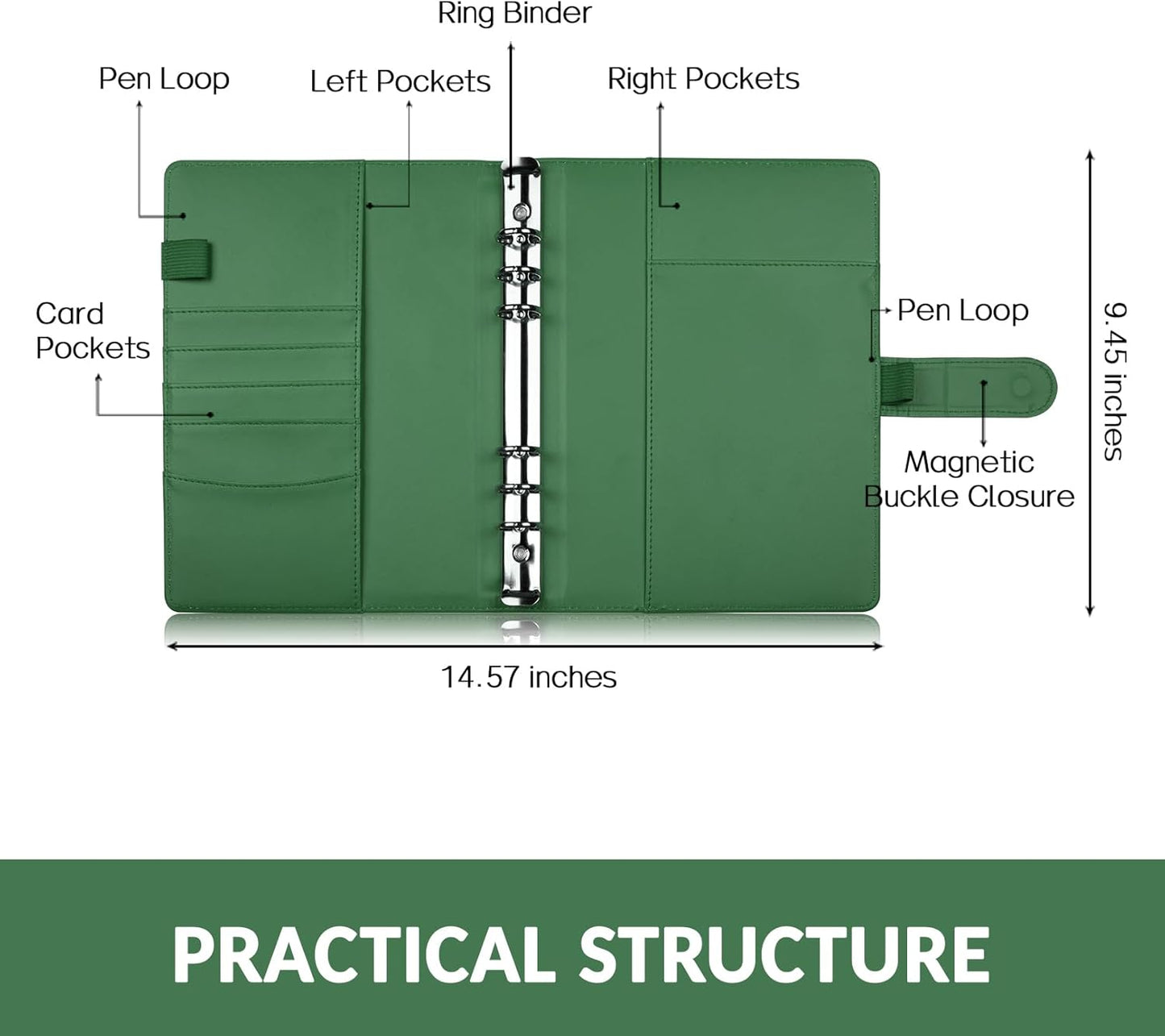 Sooez A5 Notebook Photocard Binder - Stylish Dark Green PU Leather Organizer with Magnetic Closure