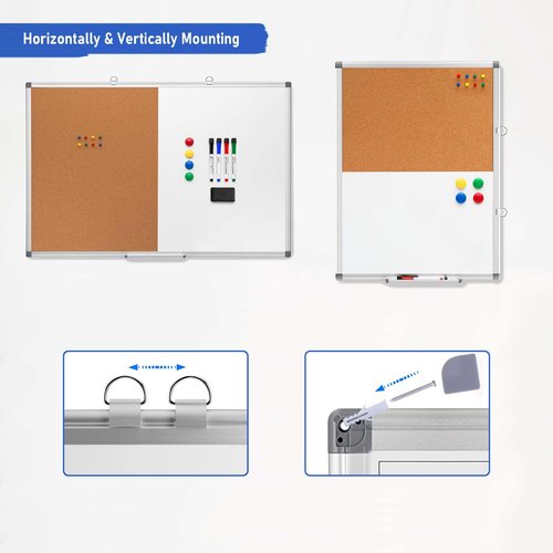 Comix Cork Board Magnetic Dry Erase Board Combo, 24 x 18 Inches Whiteboard and Bulletin Board Combination, Aluminum Frame Vision Board with 4 Dry Erase Markers, 4 Magnets, Eraser, Push Pins