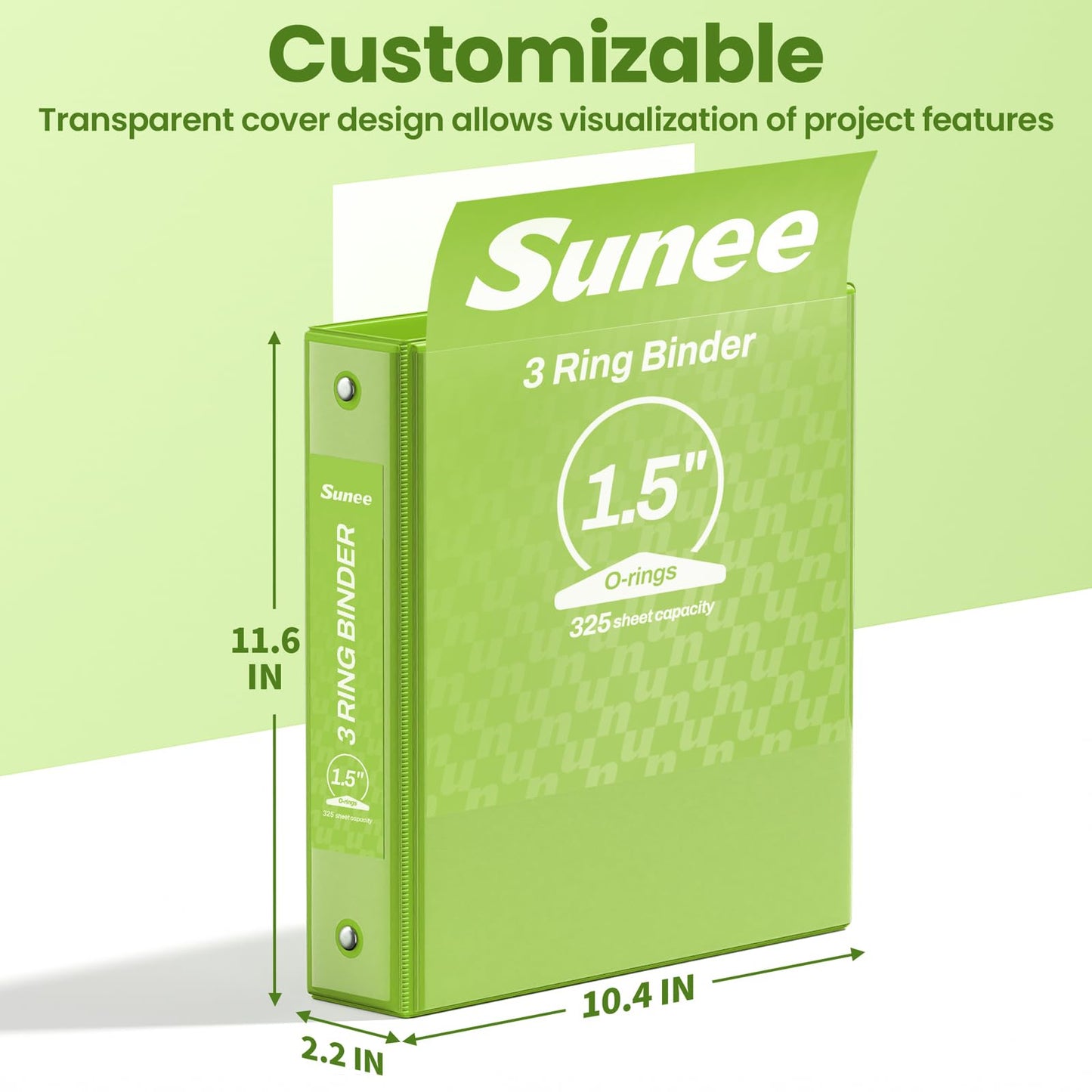 SUNEE 3 Ring Binder 1.5 Inch 1 Pack, Clear View Binder Three Ring PVC-Free (Fit 8.5x11 Inches) for School or Office Supplies, Tender Green