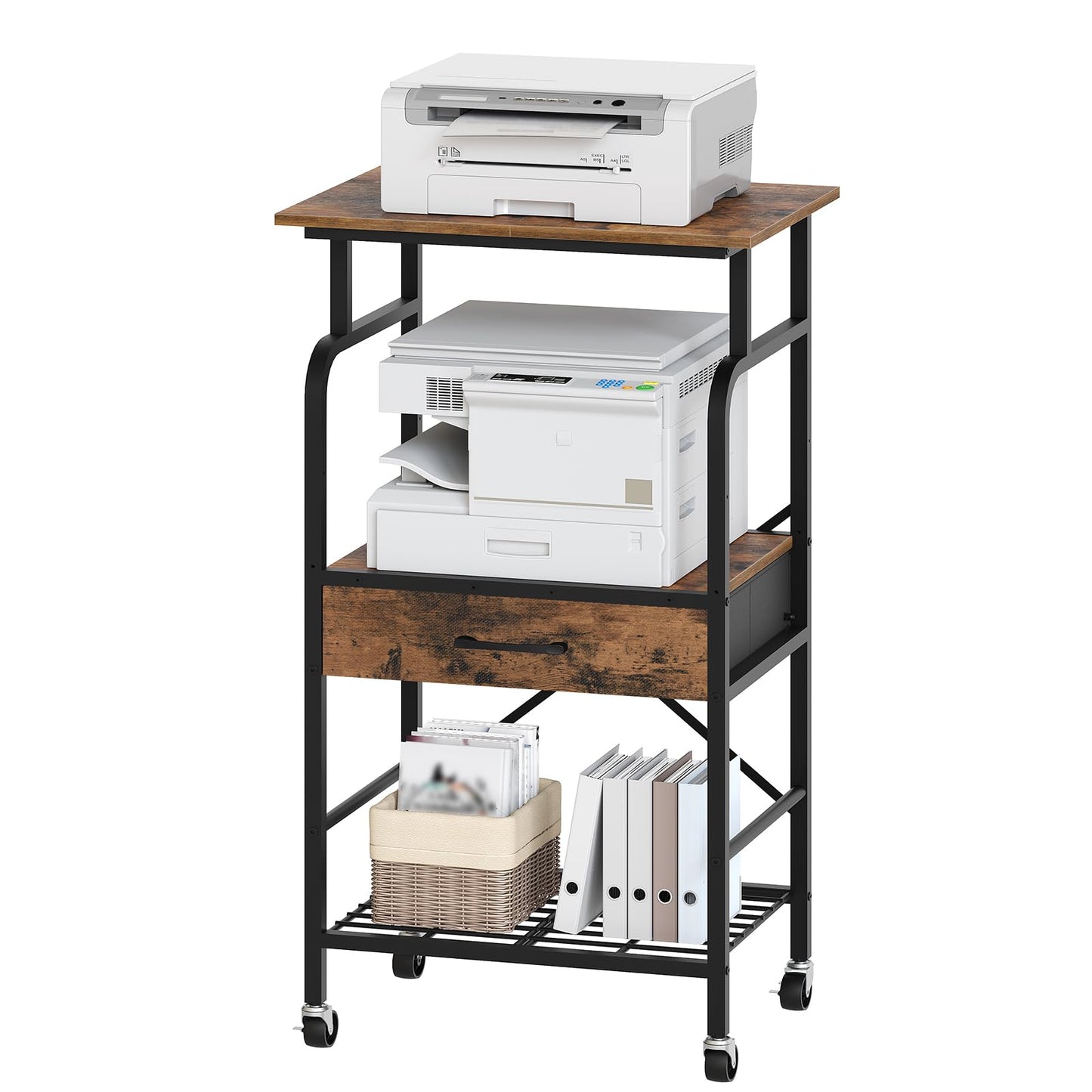 MAHANCRIS Tall Printer Stand, 3 Tier Printer Cart with Storage, Industrial Printer Table on Wheels, Adjustable Shelf & Fabric Drawer, for Home Office Study Rustic Brown PTHR5401