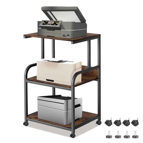 Luwesde 3 Tier Rolling Printer Cart with Wheels, Rustic Brown, Adjustable, Compatible with Printers, Fax Machines, Home Office, Kitchen, Living Room, Bedroom Storage Shelves