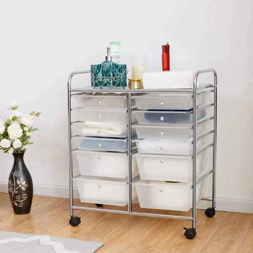 SPSUPE 12-Drawer Rolling Storage Cart, Utility Cart Storage Shelves with 4 Universal Wheels, Tools Scrapbook Paper Organizer, Ideal for Home Kitchen Office Organizing (Transparent)