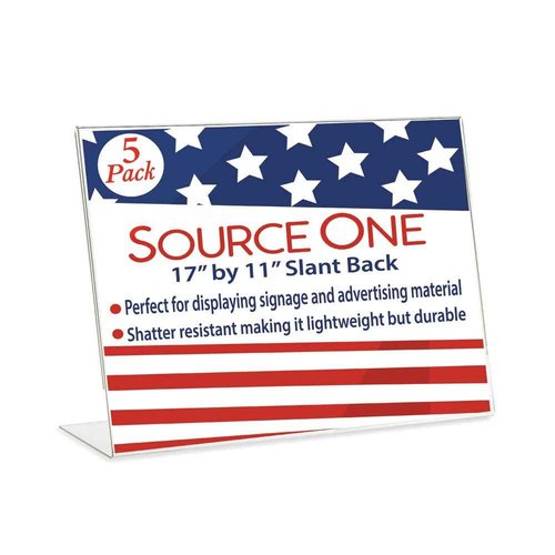 SOURCEONE.ORG Deluxe 17 Wide x 11 Tall Slant Back Clear Thick Acrylic Sign Holder - Brochure Holder (5 Pack)