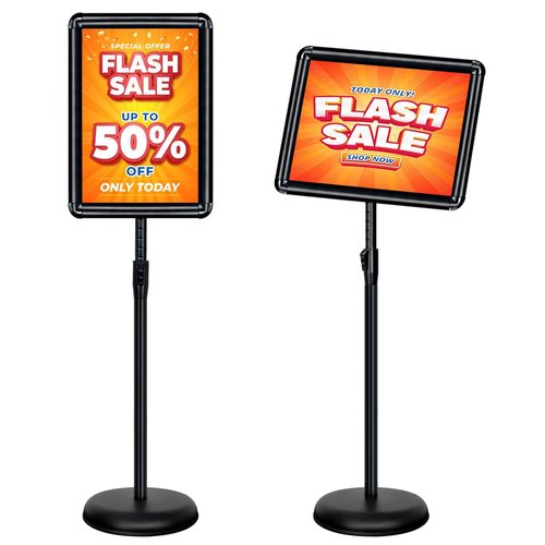 VAIIGO 11x17 Inch Adjustable Pedestal Poster Sign Stand, Heavy Duty Floor Standing Sign Holder Stand Aluminum Snap Open Frame for Vertical and Horizontal View Sign Displayed (Black, Round)