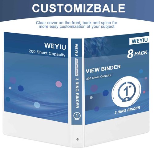 WEYIU 1 inch 3-Ring Binder, 1" Round Ring Binder with 2 Interior Pockets, Holds 8.5'' x 11'' Paper, Clear View Binders for Office, Home, and School Use (White,8-Pack)