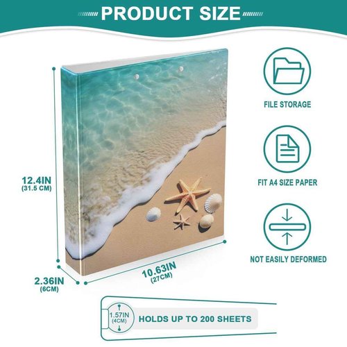 Nander 3 Ring Binder, Blue Sky Beach Shell Binder with Clipboard, Letter Size, 2PCS