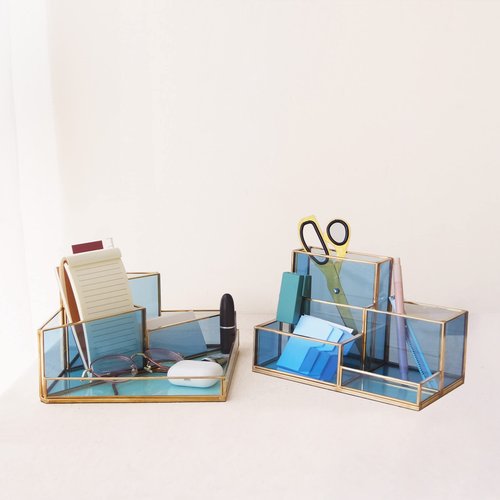 FONDAZZA Set of 2 Gold Desk Organizers for Home Office Supplies, Gold Brass and Blue Glass, 1 Each of Rectangle and Triangle Organizer, Storage for Stationery, Cosmetic, Makeup Tools and Brush.