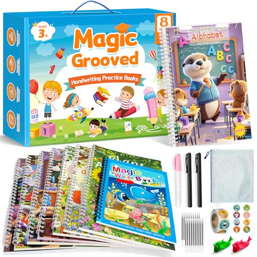 Magic Grooved Writing Practice for Kids 3-8, Reuable Grooved Handwriting Practice for Kids with 2 Pens & 20 Refills + Watercolor Book with Water Pen, Large Writing Practice Book (8 Books)