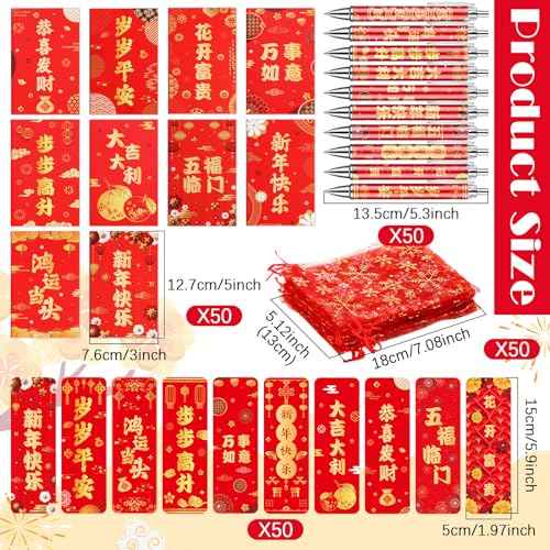 200 Pcs Chinese Lunar New Year Gift Set Includes Notebooks Bookmarks Ballpoint Pens Red Organza Bags Suitable for 2025 New Year Gifts School Office