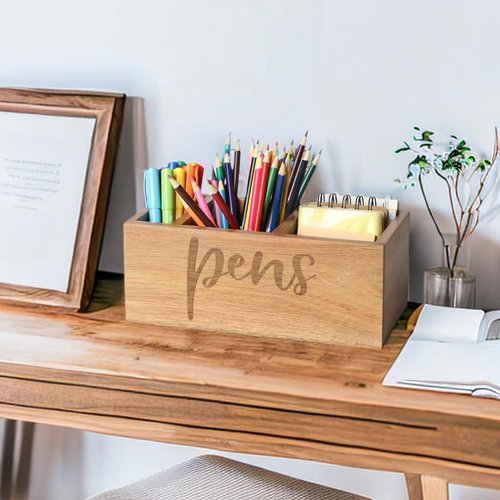 LBEMEY Acacia Wood Pen Holder, Desktop Pen Organizer,3 Compartment Pen and Pencil Holder, Desktop Organizer for Store Marker, Office Supplies, Makeup Brush, TV Remotes (Large)