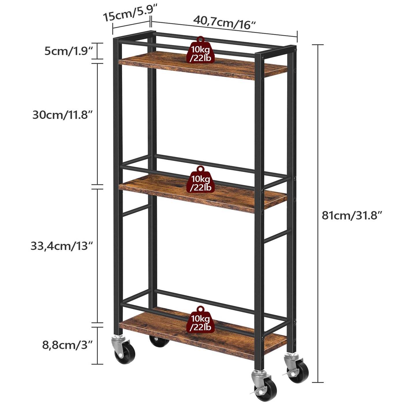 MAHANCRIS Slim Rolling Cart, Mobile Kitchen Cart on Wheels, Narrow Storage Cart for Small Space, Small Bar Cart, for Bathroom, Laundry, Living Room, Rustic Brown RCHR1501Z