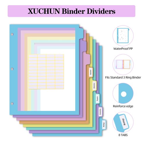 16Pcs/2 Set 8 Tab Dividers, Clear Plastic Binder Dividers with Tabs, for 3 Ring Binder, Letter Size, Multicolor