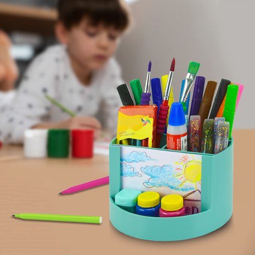 Acrimet Compact Desktop Organizer, 4 Spacious Slots, Round Pencil and Accessories Holder with Photo Slot, Ideal for Office, Art Supplies, Vanity Storage, and Home Organization (Solid Green Plastic)