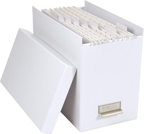Bigso John Fiberboard Label Frame Desktop File Storage Box - Document Organizer for Important Paperwork - Durable Hanging File Box with a Lid & Metal Label Window - 7.4 in x 13 in x 10.4 in - White