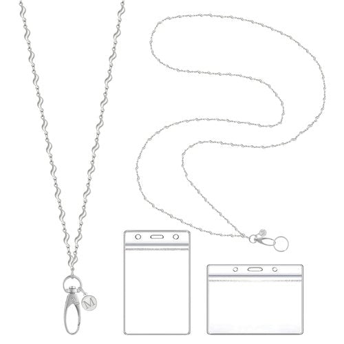 A-Z Letter Corrugate Stainless Steel Chain Lanyards for ID Badges Holder Keys Teacher Nurse Cruise Women Gifts with 2 Pieces ID Card Badge Holder
