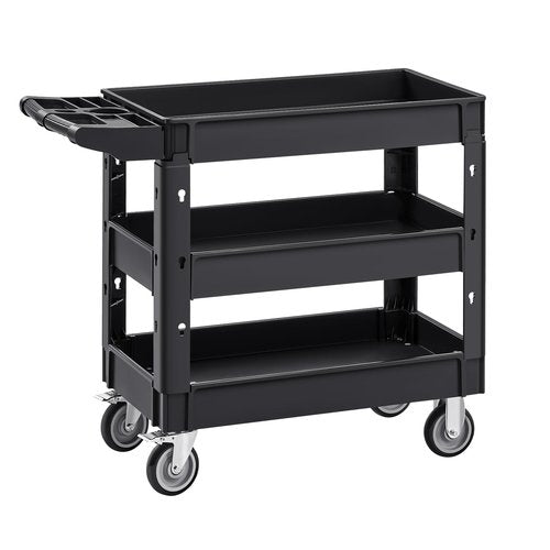 VEVOR Utility Cart, 3-Tier Plastic Service Cart with 550LBS Capacity, 360° Swivel Casters (Including 2 Locking Wheels), Medium Lipped Shelves, Ergonomic Handle, for Garage, Warehouse, Cleaning Tasks