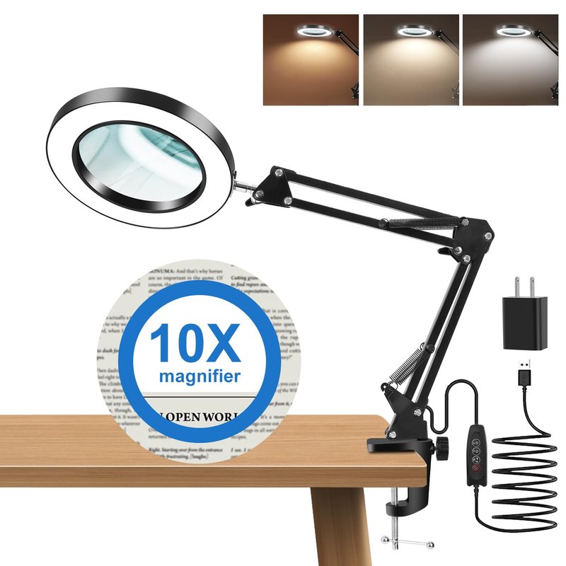 10X Magnifying Glass with Light and Clamp, Real Glass Lens, Adjustable Swing Arm, 3 Color Modes, Stepless Dimming LED Magnifying Lamp for Reading, Crafts, Soldering, Sewing & Close Work