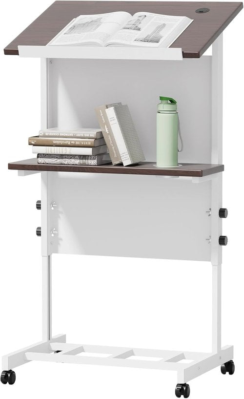 Podium Stand - Portable Lectern with 7 Adjustable Heights | Mobile Stand with Shelf & Cup Holder (White)