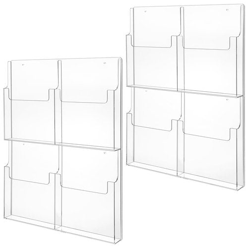 RattanView 2 Pcs 4 Pocket Pamphlet Holder Wall Mount Acrylic Brochure Holder Plastic Trifold Multi Slot Flyer Rack Clear Literature Rack Magazine Literature Display Wall Hanging Organizer for Office