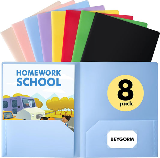 BEYGORM 8-Pack Plastic Folders - Cute Pastel Homework Organizers with Pockets | Letter Size, 2 Pocket Design