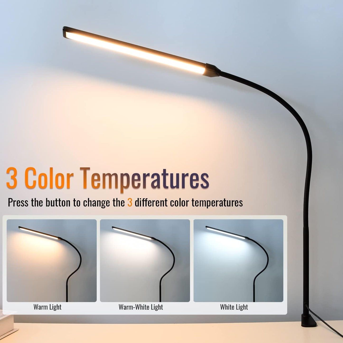 Skiennix LED Desk Lamp - Eye-Caring Clamp Light with 3 Color Modes & 10 Brightness Levels | 11W, 850 LMS